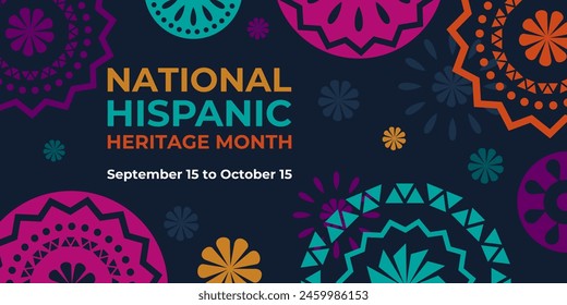 In: Hispanic Heritage Month. Vektorgrafik Web Banner, Poster, Karte für Social Media, Netzwerke. Begrüßung mit nationalem hispanischen Erbe-Monat-Text, Papel Picado-Muster, perforiertes Papier auf schwarzem Hintergrund.