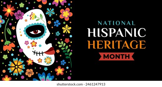 Hispanic heritage month. Vector web banner, poster, card for social media, networks. Greeting with national Hispanic heritage month text, floral pattern and Calavera mask on black background.