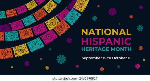 Hispanic heritage month. Vector web banner, poster, card for social media, networks. Greeting with national Hispanic heritage month text, Papel Picado pattern, perforated paper on black background.