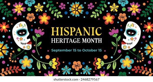 Hispanic heritage month. Vector web banner, poster, card for social media, networks. Greeting with national Hispanic heritage month text, floral pattern and Calavera mask on black background.