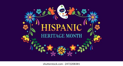 Hispanic heritage month. Vector web banner, poster, card for social media, networks. Greeting with national Hispanic heritage month text, floral pattern and Calavera mask on blue background.