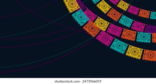 Hispanic heritage month. Vector web banner, poster, card for social media, networks. Greeting with national Hispanic heritage month text, Papel Picado pattern, perforated paper on black background.