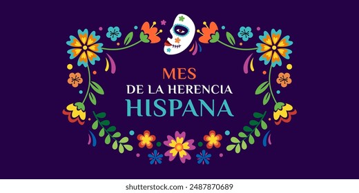 Mes de la herencia hispana. Anuncio de Web de Vector, cartel, tarjeta para redes sociales, redes. Saludo con texto del mes de la herencia hispana nacional, patrón floral y máscara de Calavera sobre fondo azul.