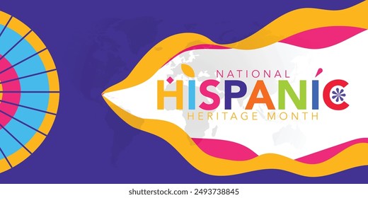 In: Hispanic Heritage Month. Vektorgrafik Web Banner, Poster, Karte für Social Media, Netzwerke. Begrüßung mit nationalem hispanischen Erbe-Monat-Text, Papel Picado-Muster, perforiertes Papier auf schwarzem Hintergrund.
