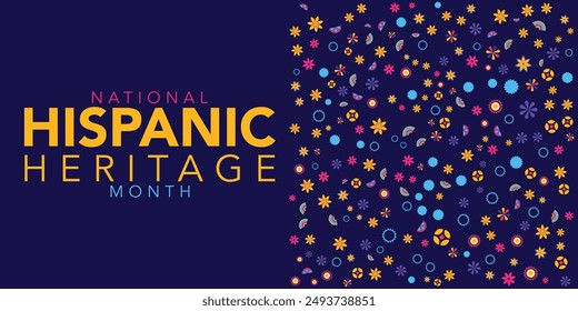 Hispanic heritage month. Vector web banner, poster, card for social media, networks. Greeting with national Hispanic heritage month text, Papel Picado pattern, perforated paper on black background.
