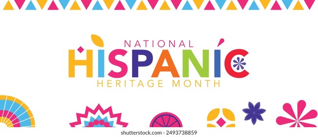 Hispanic heritage month. Vector web banner, poster, card for social media, networks. Greeting with national Hispanic heritage month text, Papel Picado pattern, perforated paper on black background.
