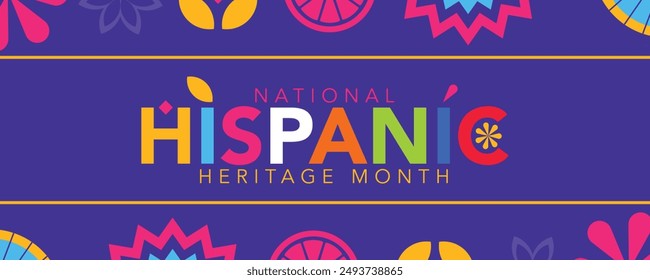 Hispanic heritage month. Vector web banner, poster, card for social media, networks. Greeting with national Hispanic heritage month text, Papel Picado pattern, perforated paper on black background.
