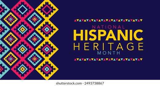 In: Hispanic Heritage Month. Vektorgrafik Web Banner, Poster, Karte für Social Media, Netzwerke. Begrüßung mit nationalem hispanischen Erbe-Monat-Text, Papel Picado-Muster, perforiertes Papier auf schwarzem Hintergrund.
