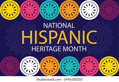 Hispanic heritage month. Vector web banner, poster, card for social media and networks. Greeting with national Hispanic heritage month text, Papel Picado pattern, perforated paper on black background