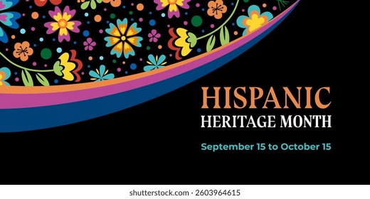 Hispanic heritage month. Vector web banner, poster, card for social media, networks. Greeting with national Hispanic heritage month text, ornament on black background.