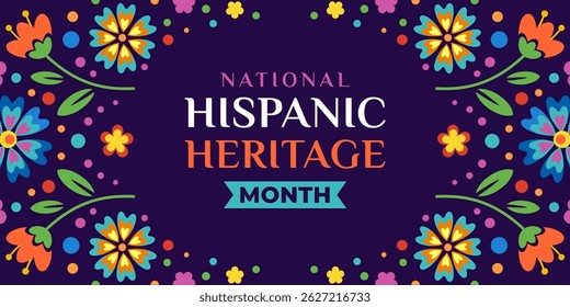 Hispanic heritage month. Vector web banner, poster, card for social media, networks. Greeting with national Hispanic heritage month text, ornament on blue background.