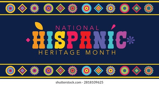 Hispanic heritage month. Vector web banner, poster, card for social media, networks. Greeting with national Hispanic heritage month text, Papel Picado pattern, perforated paper on black background.	