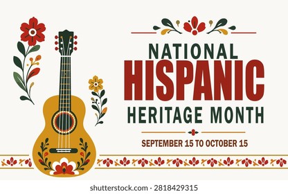Hispanic heritage month. Vector web banner, poster, card for social media, networks. Greeting with national Hispanic heritage month text, flowers on floral pattern background. Vector illustration