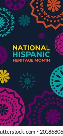 Hispanic heritage month. Vertical vector web banner, poster, card for social media. Greeting with national Hispanic heritage month text, Papel Picado pattern, perforated paper on black background.