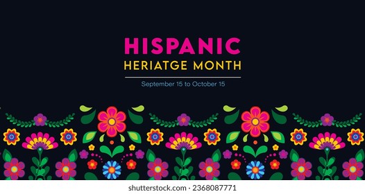 Hispanic heritage month-Web banner, poster, card for social media, networks. Greeting with national Hispanic heritage month text, flowers on floral pattern background. Vector illustration