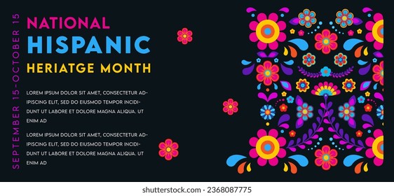 Hispanic heritage month-Web banner, poster, card for social media, networks. Greeting with national Hispanic heritage month text, flowers on floral pattern background. Vector illustration