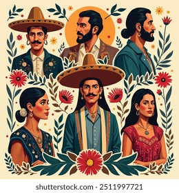 Hispanic historical figures and modern icons, including elements of their contributions and achievements, set against a backdrop of cultural symbols and colors.