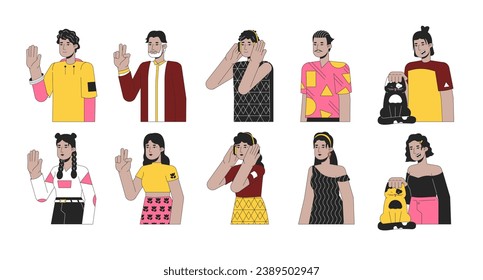 Hispanic latin americans 2D linear cartoon characters set. Young adult latino latina isolated line vector people white background. Mexican brunette female, male color flat spot illustration bundle