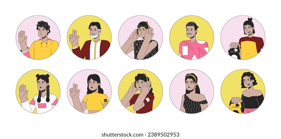 Hispanic latin americans 2D linear vector avatars illustration set. Adult latino latina women, men outline cartoon character faces collection. Mexican people flat color user profile images isolated