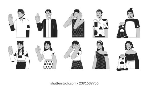 Hispanic latin americans black and white 2D line cartoon characters set. Young adult latino isolated vector outline people. Mexican brunette female, male monochromatic flat spot illustration bundle