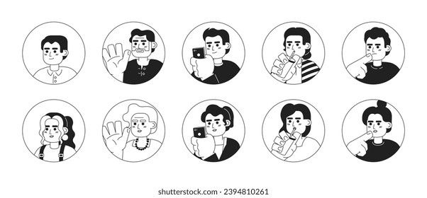 Hispanic latin americans black and white 2D vector avatars illustration bundle. Different ages latina women, latino men outline cartoon character faces isolated. Mexican flat user profiles image set