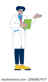 Hispanic male doctor in white coat explaining with clipboard 2D cartoon character. Latino man healthcare professional isolated person flat vector on white background. Spot illustration colorful