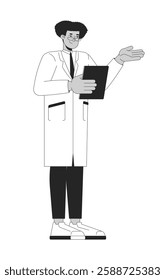 Hispanic male doctor in white coat explaining with clipboard black and white 2D line character. Latino man healthcare professional isolated vector outline person. Monochromatic spot illustration