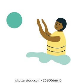 Hispanic male playing volleyball in water with ball and life vest.