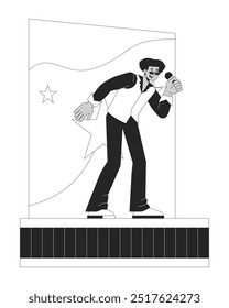 Micrófono masculino hispano del cantante que sostiene en el escenario el carácter blanco y negro de la línea 2D. Cantar concierto de música popular. Músico de estilo retro persona de contorno de Vector aislado. Ilustración de punto monocromático