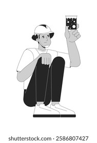 Hispanic male worker inspecting water sample in beaker black and white 2D line character. Water quality testing. Latin american guy isolated vector outline person. Monochromatic spot illustration