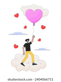 Hispano volando con globo sobre las nubes de caricatura lineal 2D. Corazón nublado baloon masculino latinoamericano aislado línea vectorial persona fondo blanco. Ilustración de manchas planas de color de ensueño