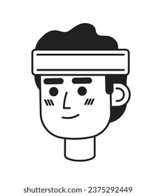 Hispanic man in headband monochrome flat linear character head. Excited sportsman. Editable outline hand drawn human face icon. 2D cartoon spot vector avatar illustration for animation