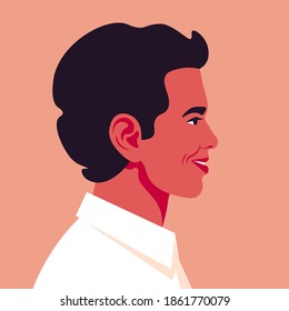 A Hispanic Man Is Laughing. Portrait Of Guy Is Profile. Happy Face. Side View. Avatar For Social Network. Vector Illustration