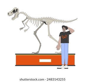 Hispanic man looking at tyrannosaurus rex fossil exhibit 2D linear cartoon character. Latino male isolated line vector person white background. Natural history museum tour color flat spot illustration