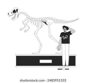 Hispanic man looking at tyrannosaurus rex fossil exhibit black and white 2D line cartoon character. Latino male isolated vector outline person. Prehistory museum monochromatic flat spot illustration