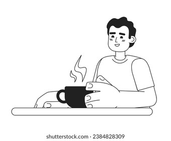 Hispanic man on meeting monochromatic flat vector character. Drinking coffee. Optimistic. Editable thin line half body person on white. Simple bw cartoon spot image for web graphic design