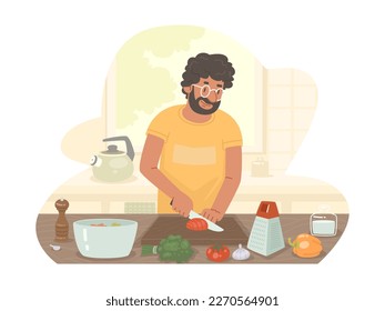 Hispanic man preparing dinner in the kitchen at home. The cook cuts vegetables to prepare a salad. Vector illustration in flat style