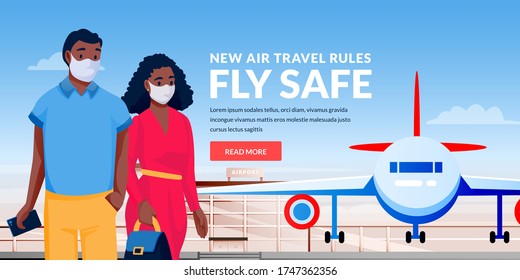 Hispanic man and woman in medical protection masks at airport terminal. Vector illustration of traveling couple characters. Air travel new rules, healthy and safe flight concept