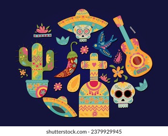 Hispanic Mexican culture. Traditional flower and scull elements. Fiesta, day of dead. Hand drawn vector elements