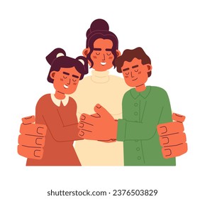 Hispanic mom hugging children 2D cartoon characters. Embracing family. Latina mother with two kids isolated vector people white background. Grateful thanksgiving day color flat spot illustration