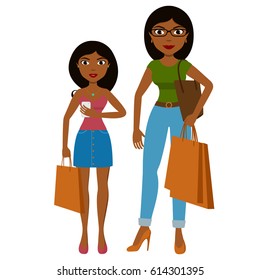 Hispanic mom and teen daughter shopping together, isolated on white. Mom holds packages with purchases and girl checks her phone. Flat style vector illustration of full body detailed character