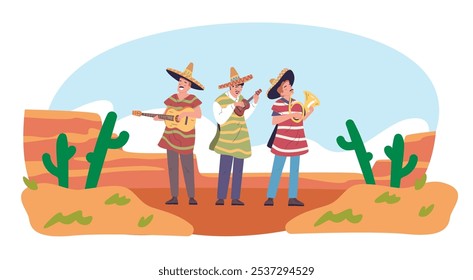 Músicos hispânicos. Músico mexicano em chapéu mariachi sombrero, banda de música latina tocando na guitarra e trompete instrumento artista performance no méxico deserto vetor ilustração arte original