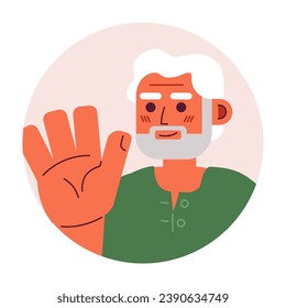 Hispanic old man waving hand greeting 2D vector avatar illustration. Handwave bearded elderly mexican guy cartoon character face. Welcome gesturing flat color user profile image isolated on white