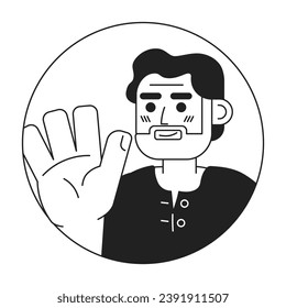 Hombre mayor hispano ondeando la mano saludando la ilustración vectorial 2D en blanco y negro. El anciano mexicano barbudo de la onda manual esboza la cara de caricatura aislada. Retrato plano gesto de bienvenida