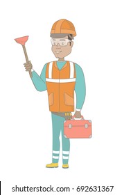 Hispanic plumber with toilet plunger and tool box. Full length of young plumber in hard hat holding plunger and tool box. Vector sketch cartoon illustration isolated on white background.