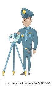 Hispanic police officer controlling driving speed with a radar. Young police officer with a radar for traffic speed control. Vector sketch cartoon illustration isolated on white background.