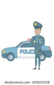 Hispanic police officer standing with arms crossed on the background of police car. Police officer standing in front of police car. Vector sketch cartoon illustration isolated on white background.