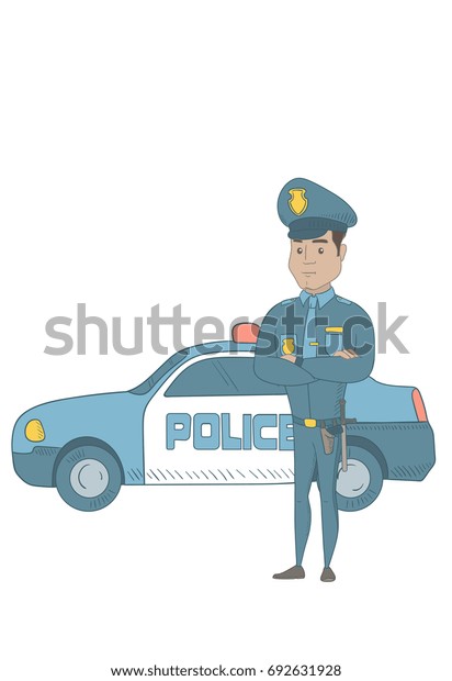 Hispanic police officer standing with arms\
crossed on the background of police car. Police officer standing in\
front of police car. Vector sketch cartoon illustration isolated on\
white background.