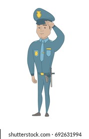 Hispanic police officer in uniform gives salute. Full length of young police officer saluting. Serious police officer saluting. Vector sketch cartoon illustration isolated on white background.