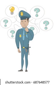 Hispanic policeman having idea in the investigation of criminal case. Young policeman standing under idea lightbulb and question marks. Vector sketch cartoon illustration isolated on white background.